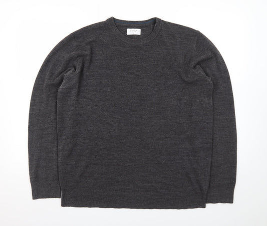 EASY Men Grey Wool Crew Neck Pullover Jumper Size L