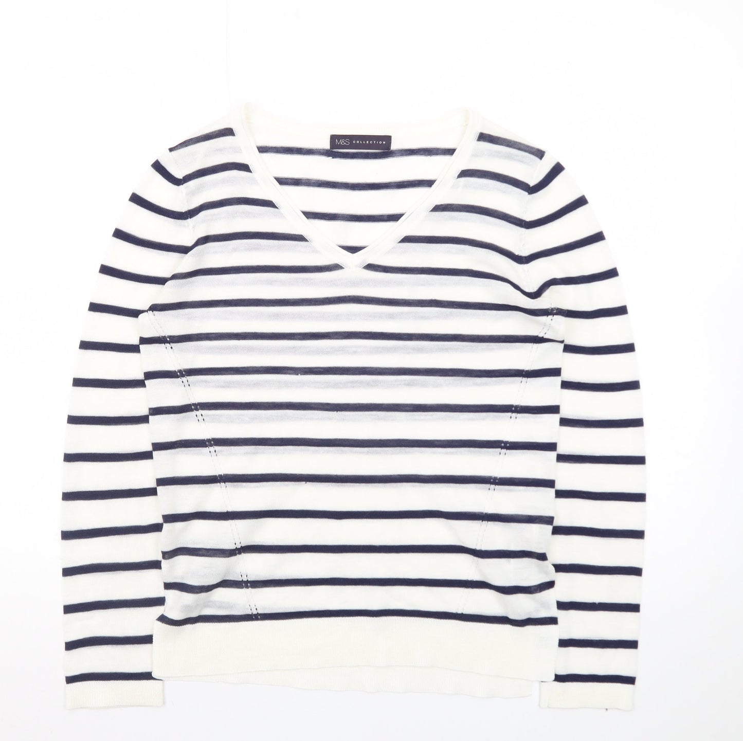 Marks and Spencer Women's Navy Stripe V-Neck Jumper Size 8