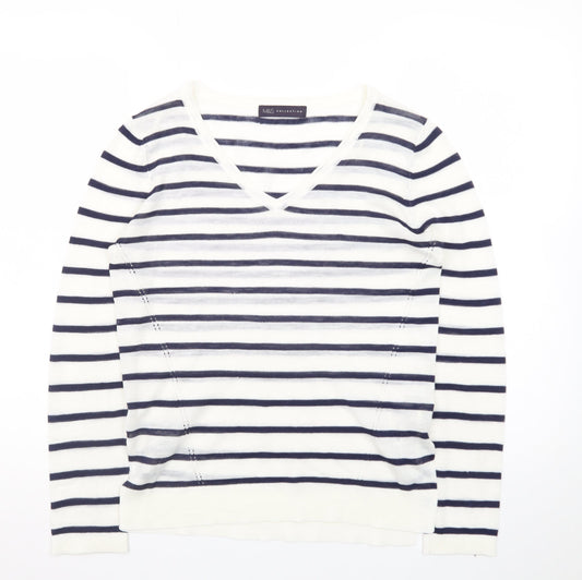 Marks and Spencer Women's Navy Stripe V-Neck Jumper Size 8
