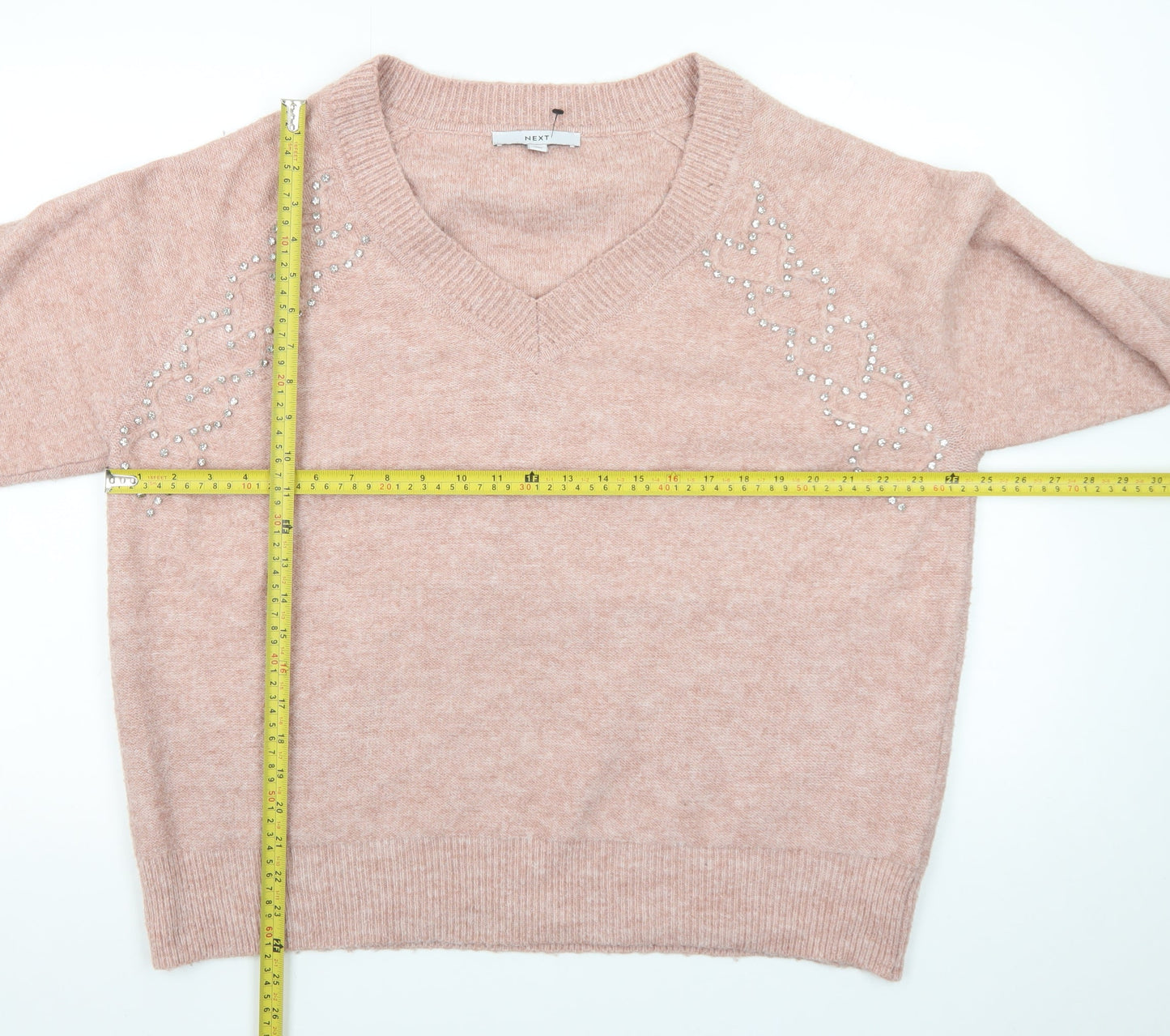 Next Women Pink Beaded V-Neck Pullover Jumper Size 16