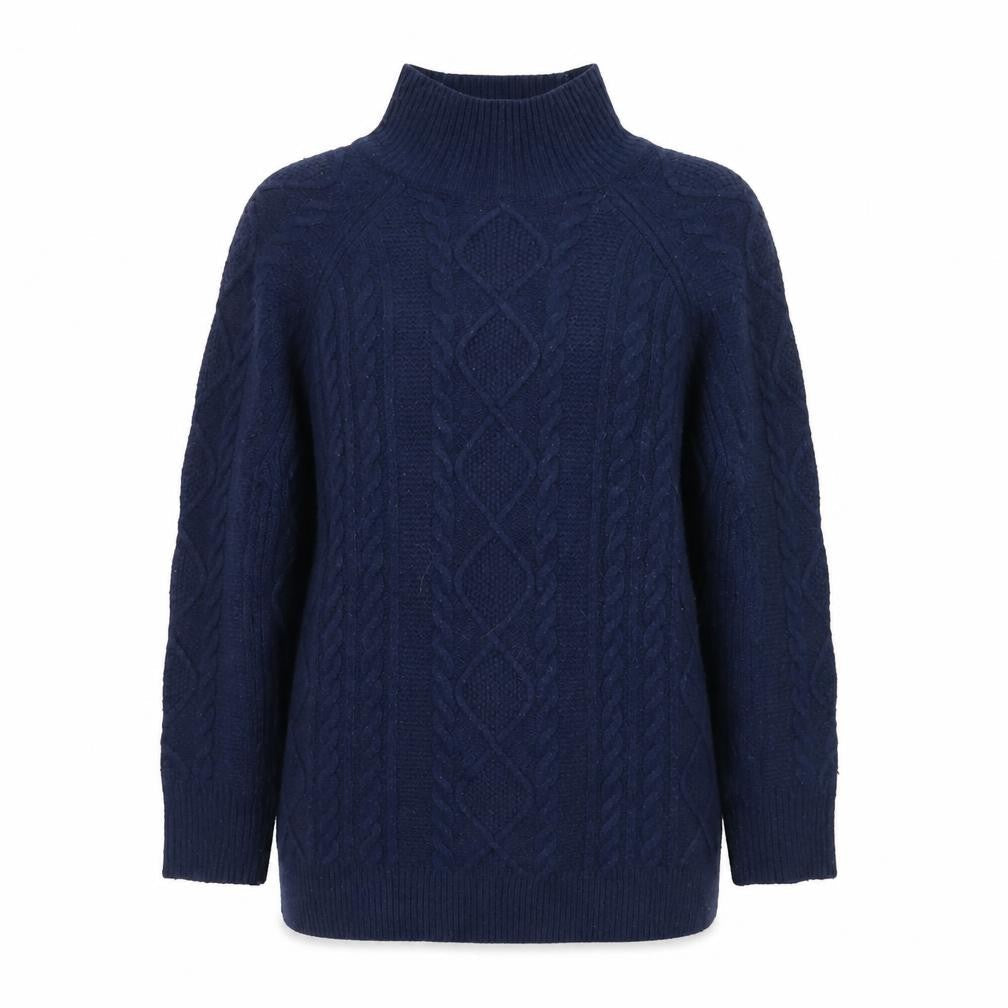 Reiss Women Blue Wool Mock Neck Cable-Knit Jumper XS