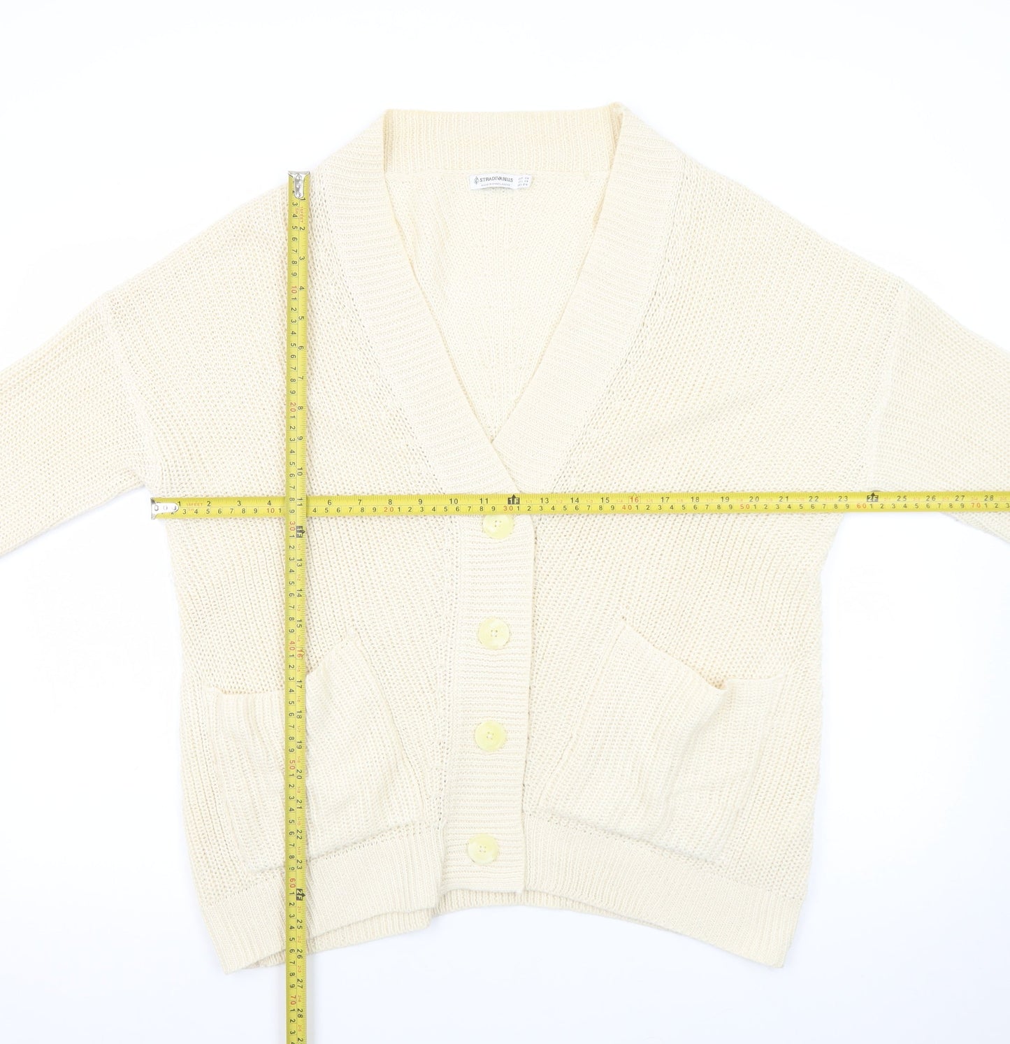 Stradivarius Women Ivory XS Knit Cotton Button Cardigan Jumper