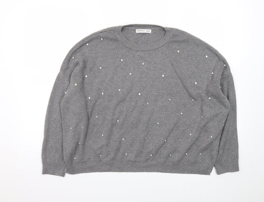 Stradivarius Womens Grey Beaded Knit Pullover Jumper XS