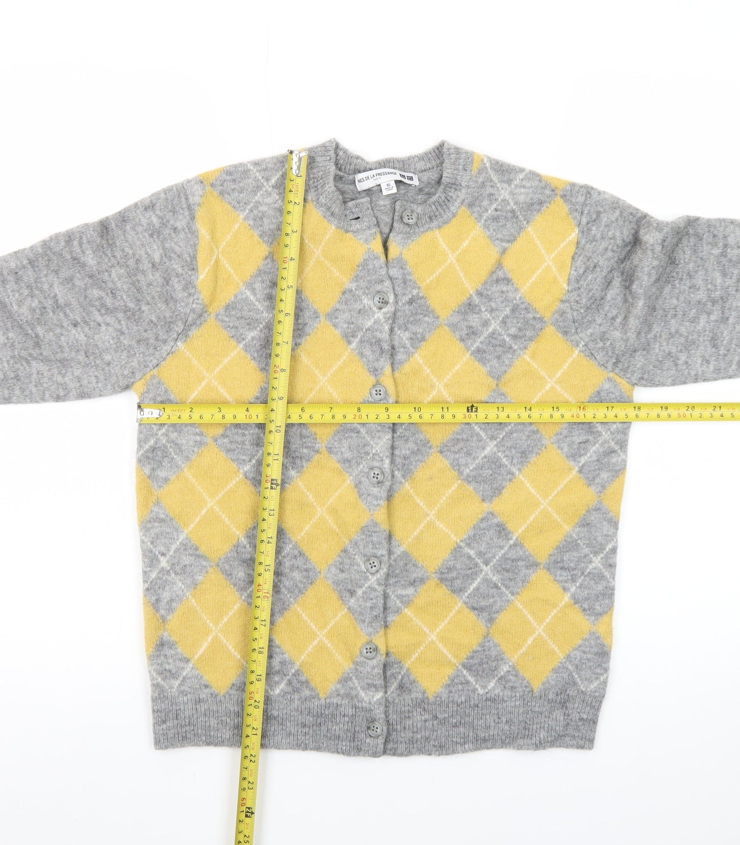 Uniqlo Ines de la Fressange Women's Grey Yellow Argyle Cardigan XS