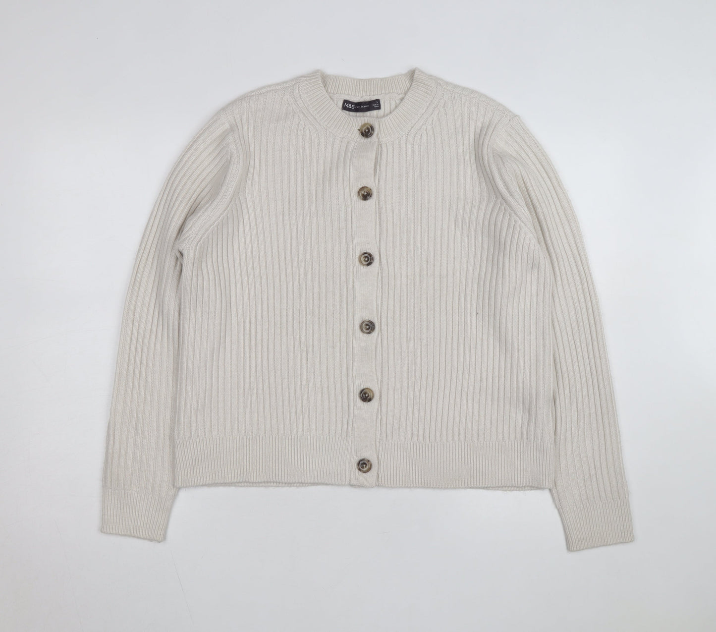 Marks and Spencer Women Beige Cotton Knit Cardigan L