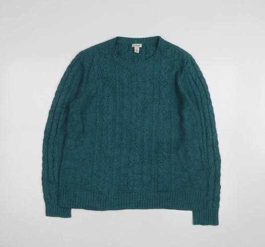 L.L.Bean Mens Green Cable-Knit Cotton Jumper Size L Crew Neck