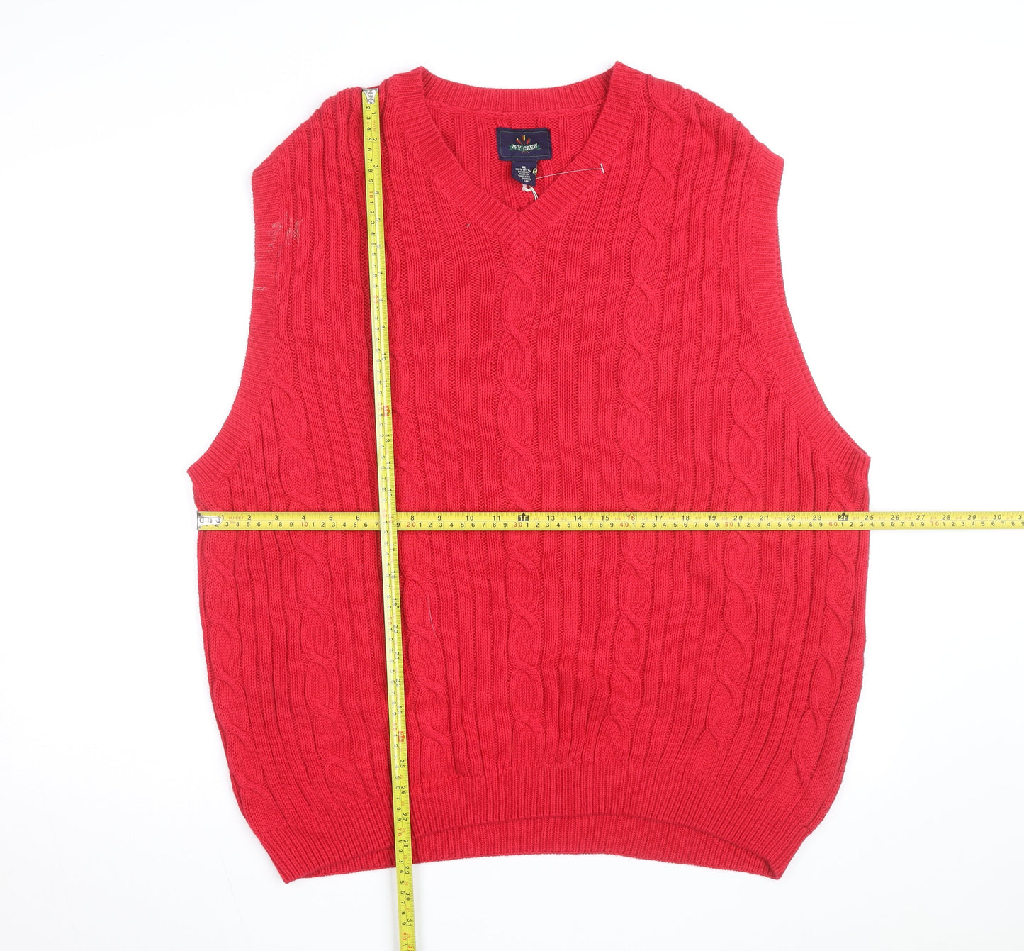 Ivy Crew Men's Red Cable-Knit Cotton V-Neck Sleeveless Jumper XL