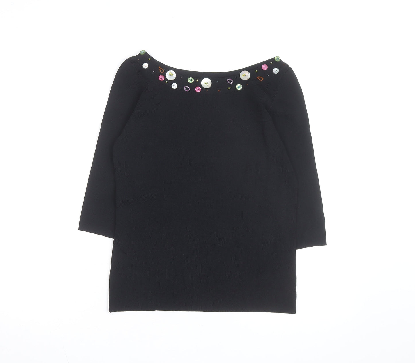 Linda Matthews Womens Black Beaded Boat Neck 3/4 Sleeve Knit Jumper S