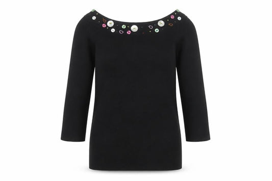 Linda Matthews Womens Black Beaded Boat Neck 3/4 Sleeve Knit Jumper S