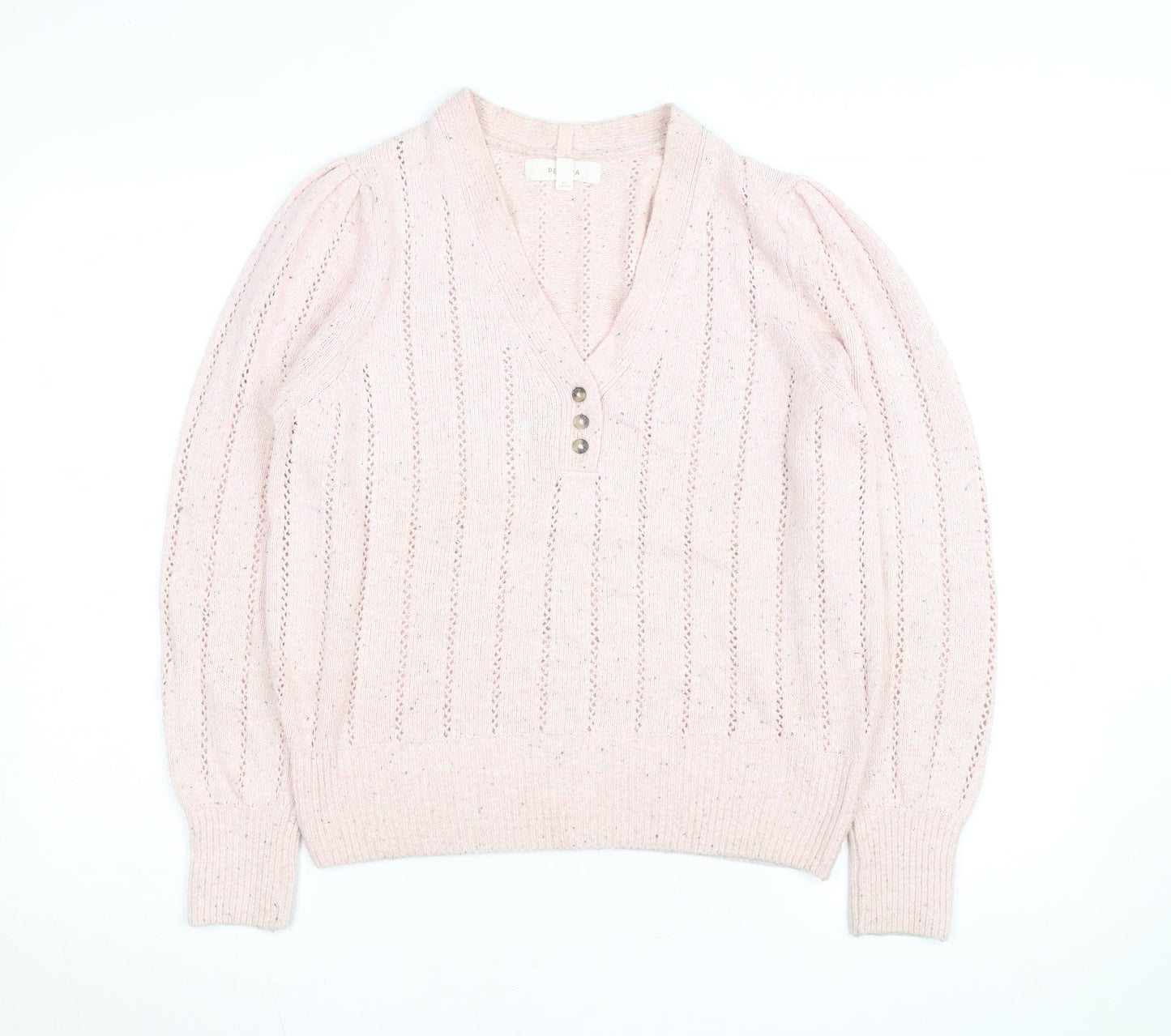 Marks and Spencer Per Una Women Pink Wool Blend V-Neck Henley Jumper Size 12