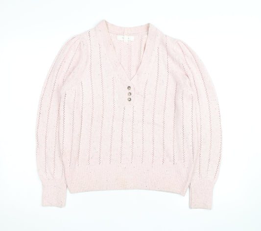 Marks and Spencer Per Una Women Pink Wool Blend V-Neck Henley Jumper Size 12