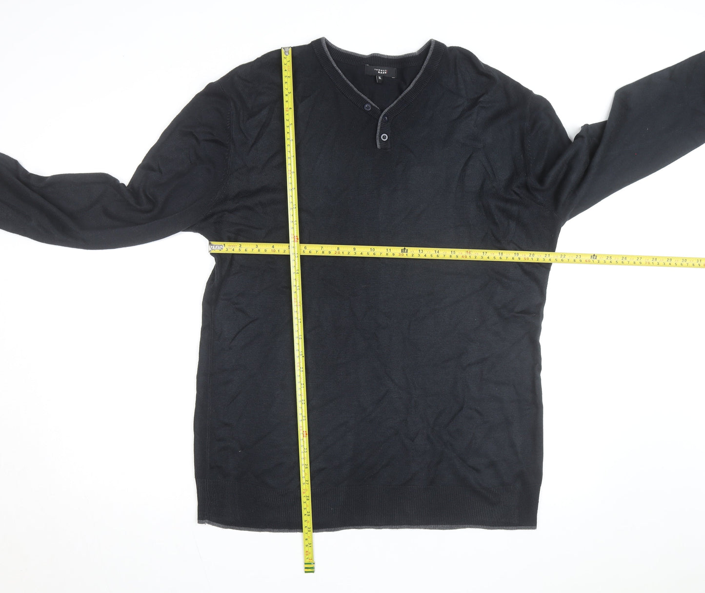 Thomas Nash Men's Black XL Henley Knit Jumper Cotton Blend