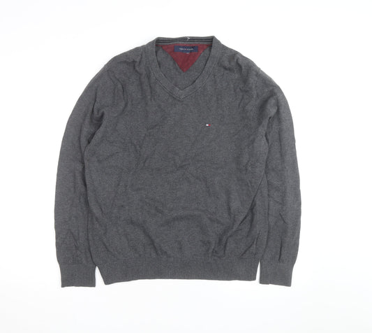 Tommy Hilfiger Men's Grey V-Neck Cotton Jumper Size M