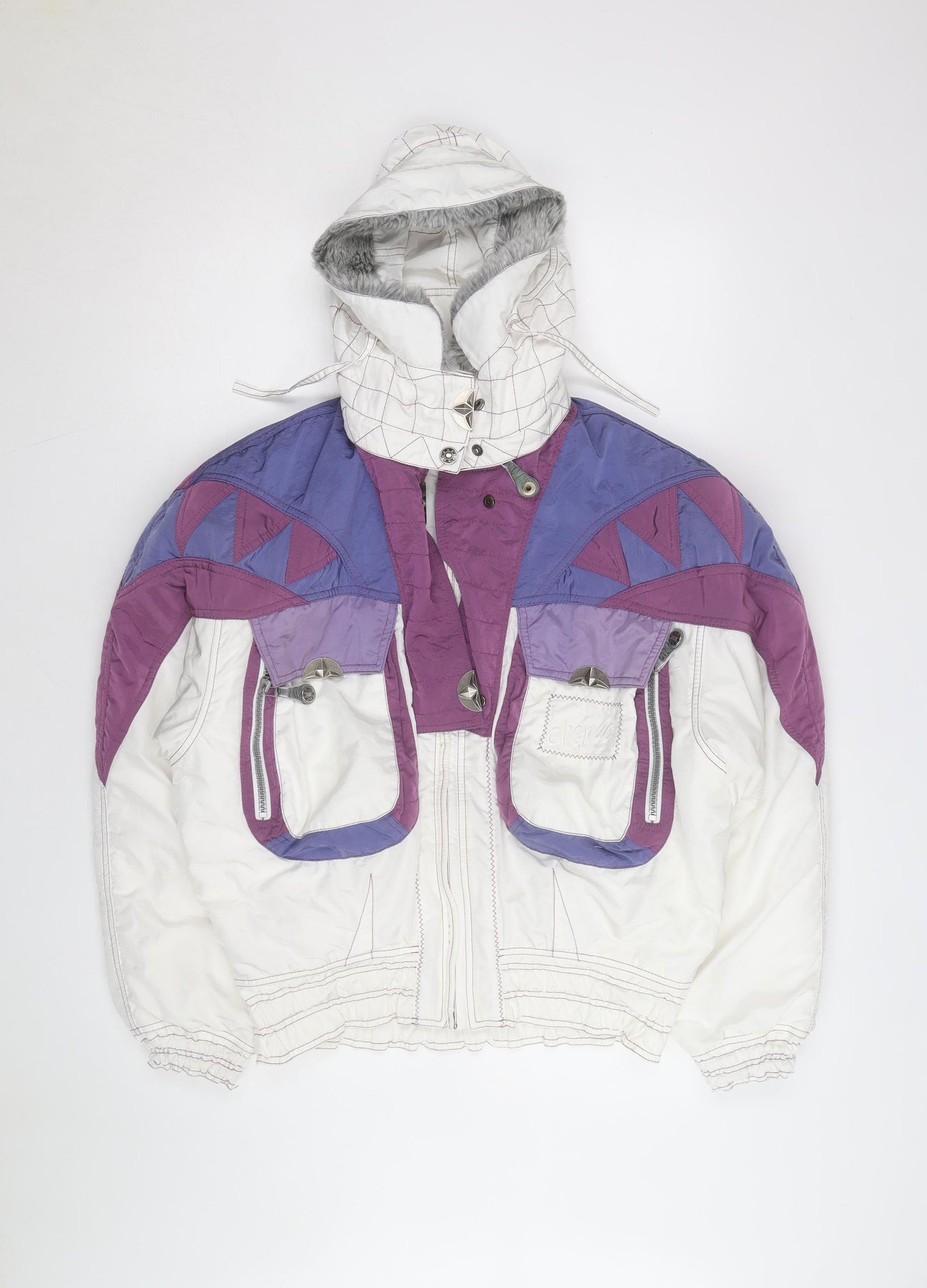 Chervo Men's White Purple Ski Jacket Size 42 Hooded Retro Winter Coat
