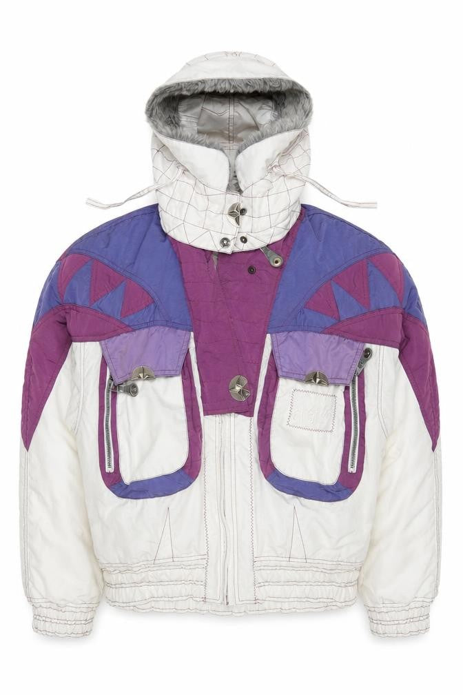 Chervo Men's White Purple Ski Jacket Size 42 Hooded Retro Winter Coat