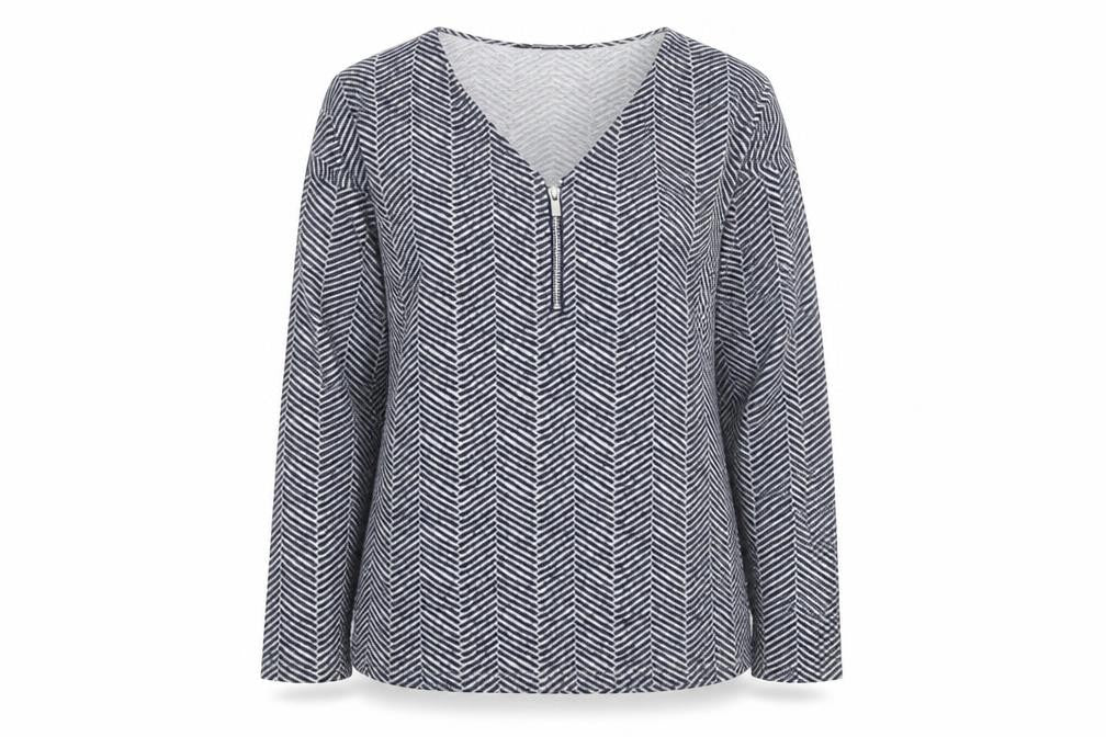 Bonmarché Women Grey Geometric V-Neck Long Sleeve Pullover Jumper Size 12