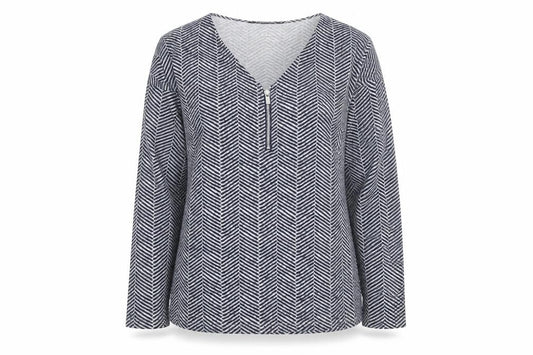 Bonmarché Women Grey Geometric V-Neck Long Sleeve Pullover Jumper Size 12