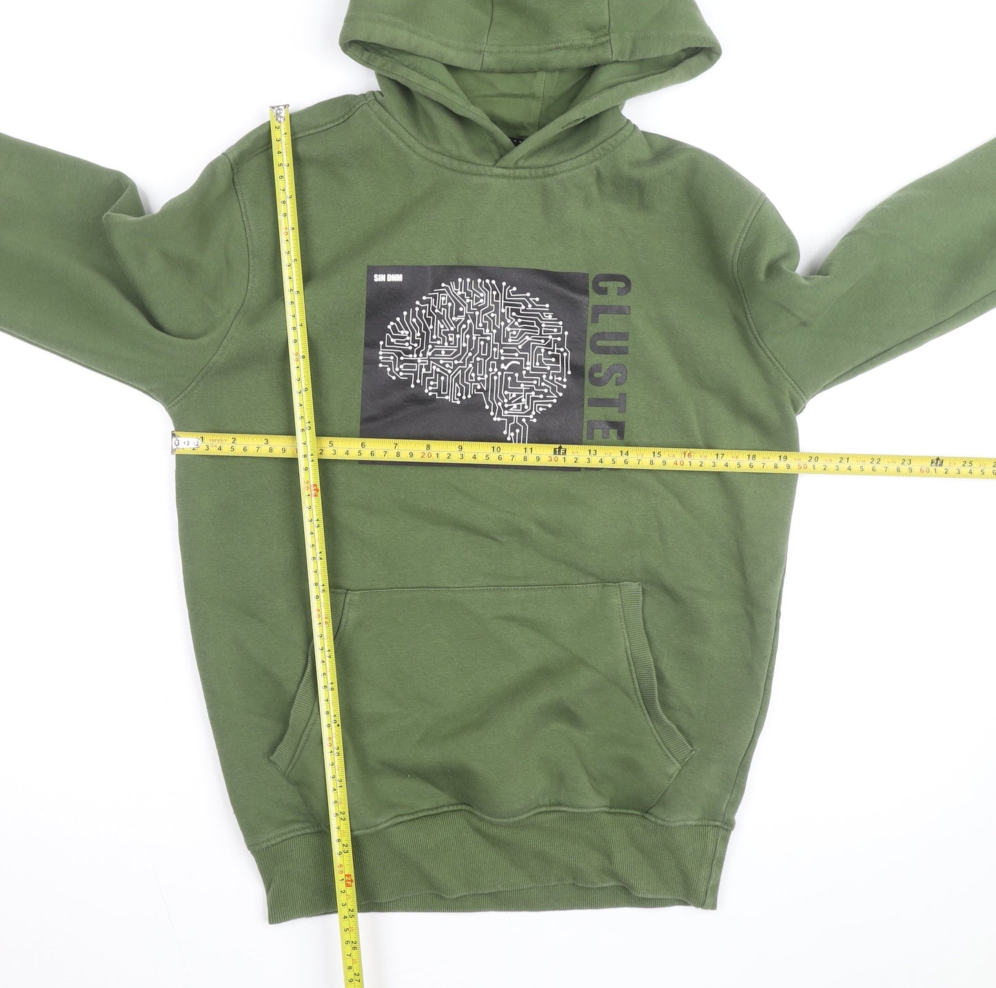 SIN DNM Men's Green Pullover Hoodie S Graphic Print Fleece