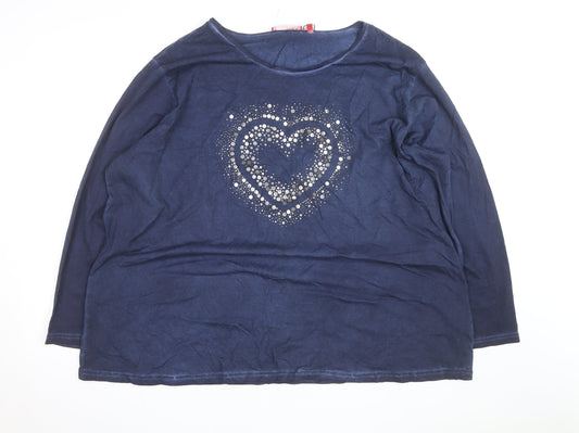 THEA Womens Blue Cotton Long Sleeve Rhinestone Heart T-Shirt Size 30