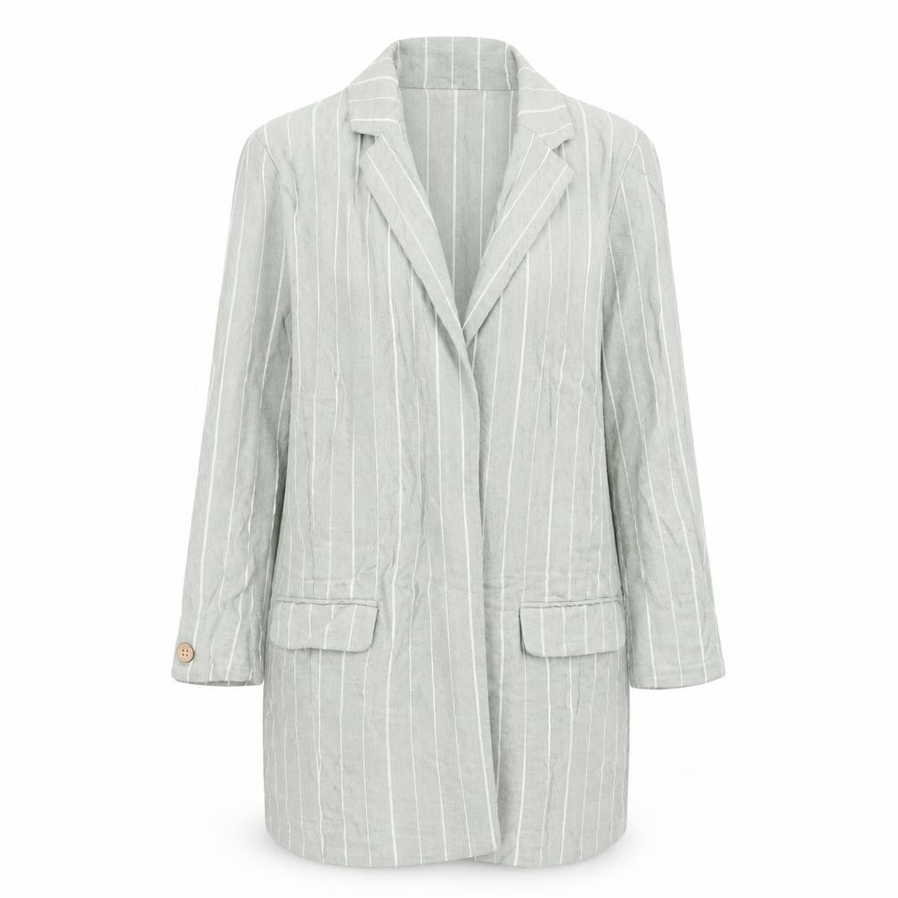 Stradivarius Women Green Striped Linen Blend Blazer Size 12