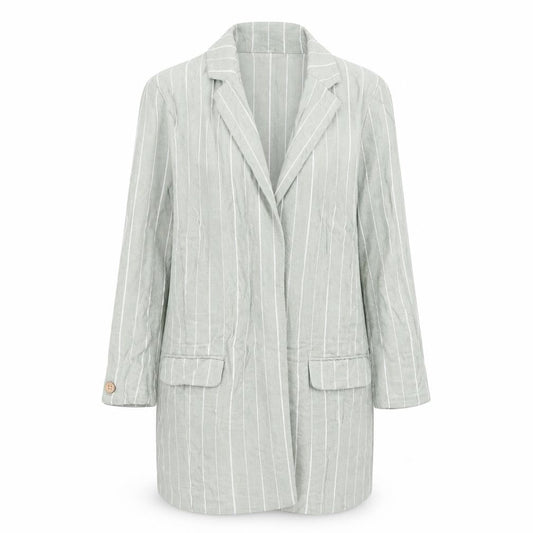 Stradivarius Women Green Striped Linen Blend Blazer Size 12