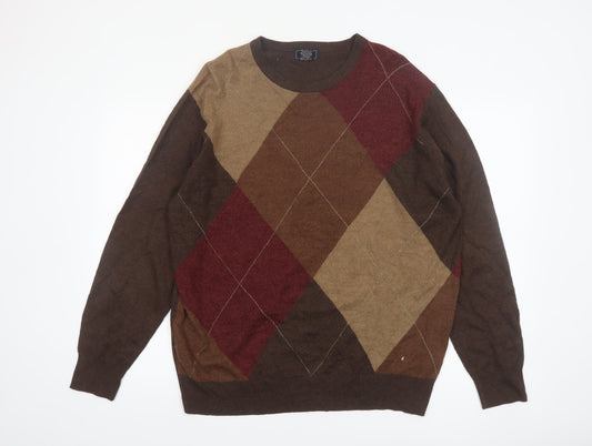 Dockers Men's Brown Argyle Crew Neck Acrylic Pullover Jumper XL