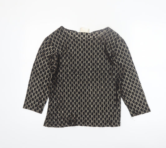 Gloria Vanderbilt Women's Black Geometric Lace 3/4 Sleeve Nylon Blouse M