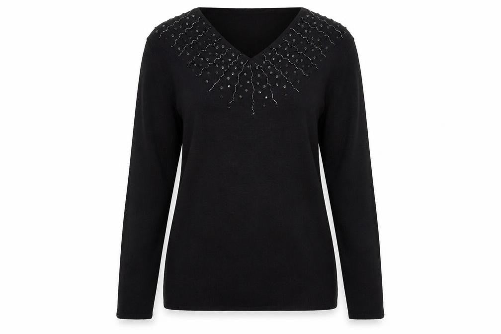 Hasting & Smith Women's Black Petite Beaded V-Neck Wool Blend Jumper