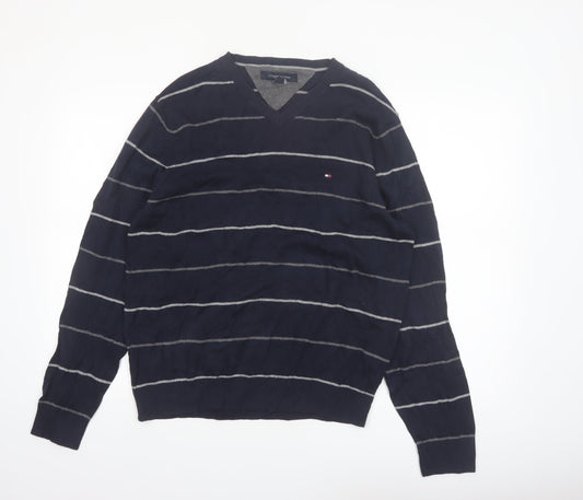Tommy Hilfiger Men's Blue Striped Cotton V-Neck Jumper M