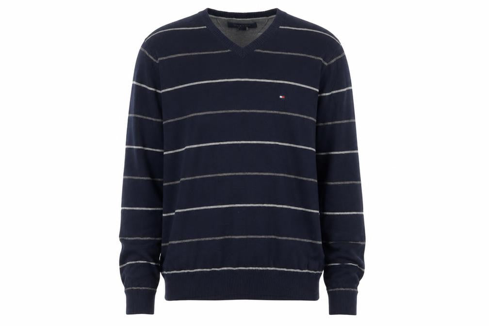 Tommy Hilfiger Men's Blue Striped Cotton V-Neck Jumper M