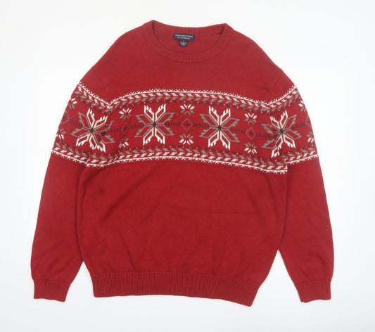 Roundtree & Yorke Mens Red Fair Isle Cotton Jumper L Winter Knitwear