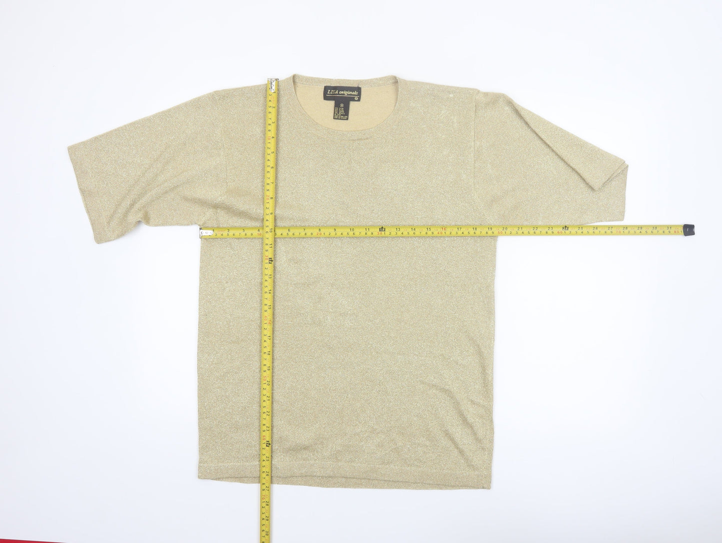 LISA Originals Womens Gold Metallic Knit Short Sleeve T-Shirt M
