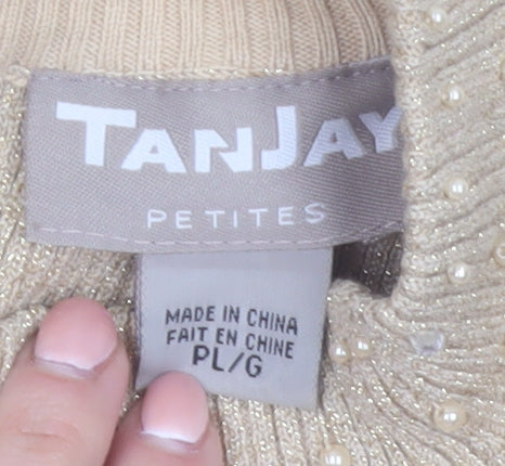 TanJay Women Beige Petite Beaded Mock Neck Sleeveless Tank Top