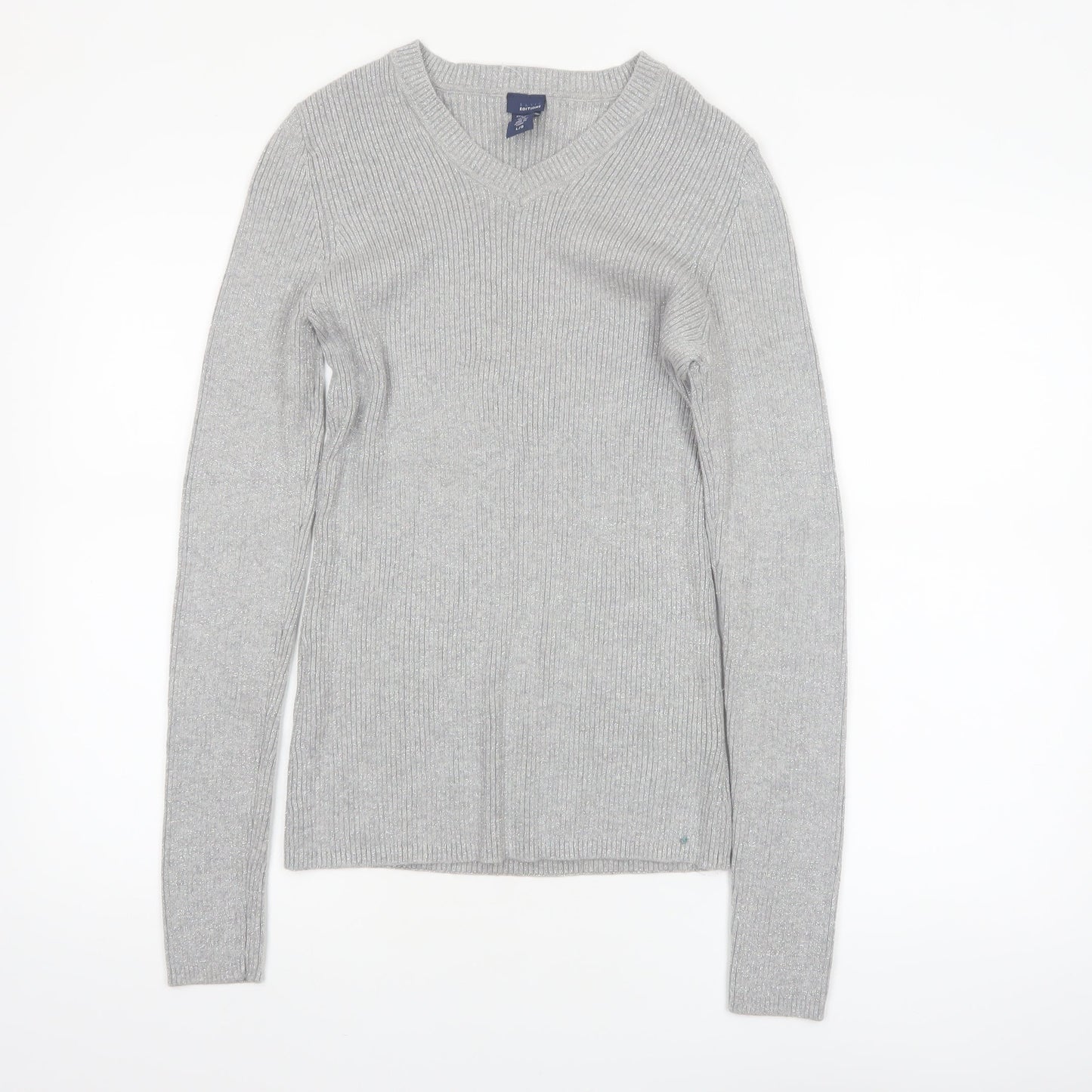 Basic Editions Womens Grey V-Neck Knit Pullover Jumper Size L
