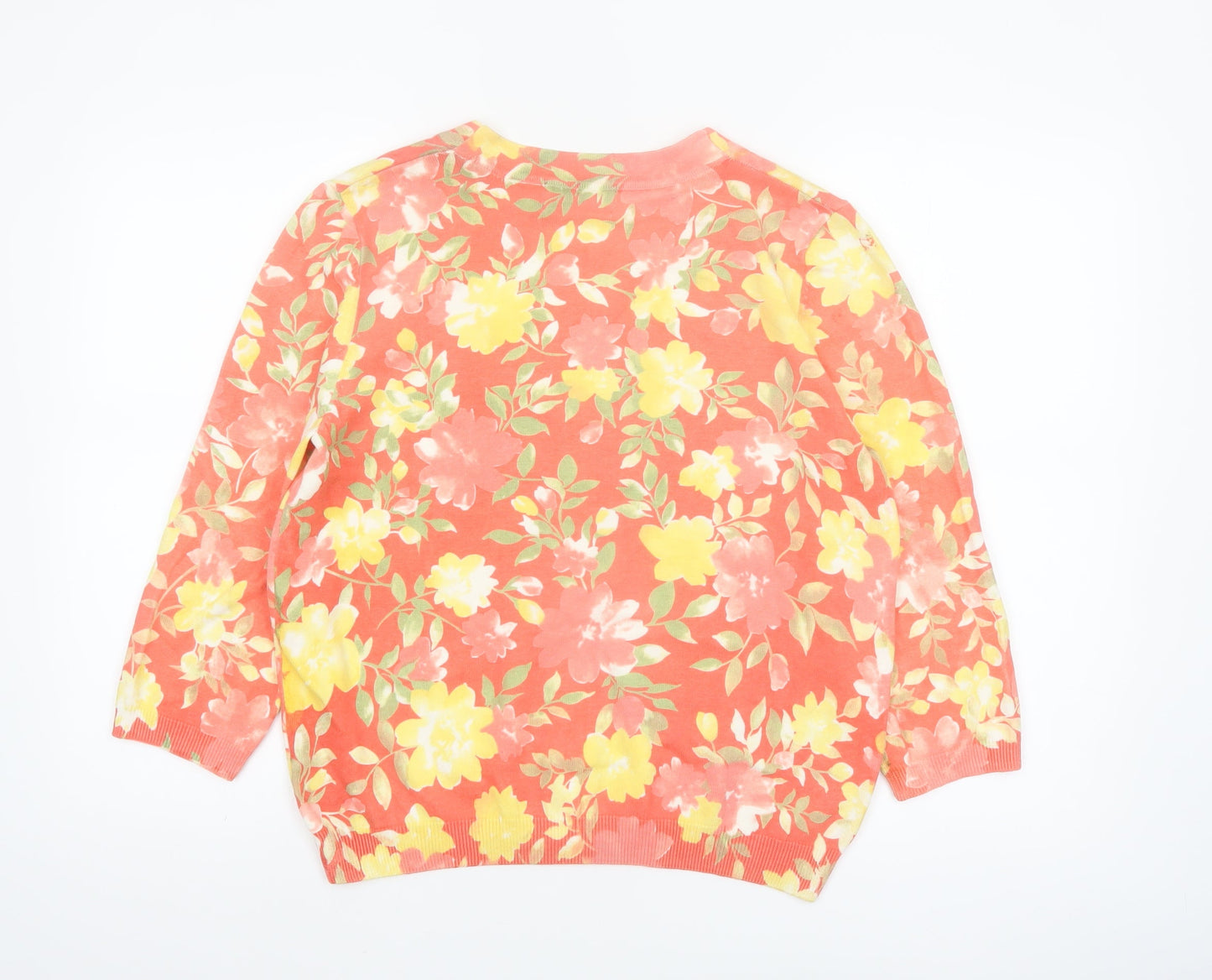 Alfred Dunner Women Floral Pink Yellow V-Neck Cardigan PL Petite