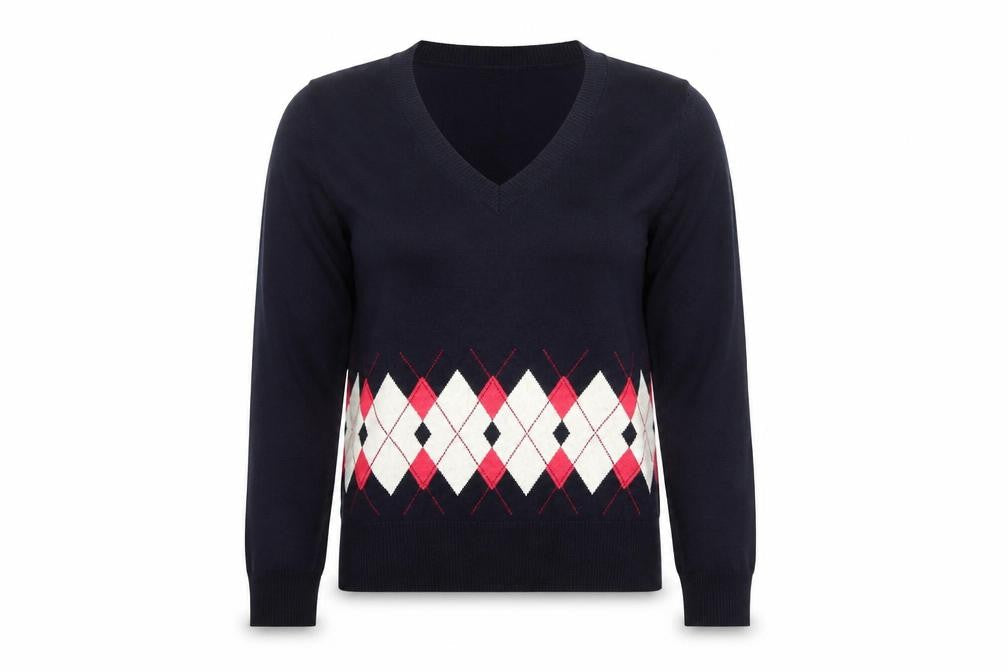 Nautica Women Blue Argyle V-Neck Cotton Knit Pullover Jumper L