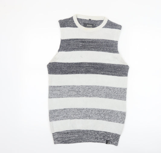 Indigo Men's Grey Striped Cotton Knit Sleeveless Vest Medium