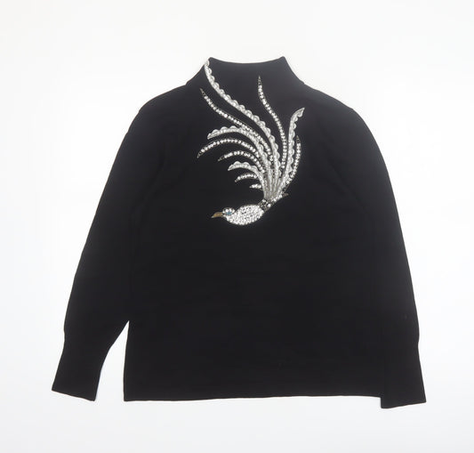 BETA'S CHOICE Women's Black Mock Neck Rhinestone Bird Jumper M