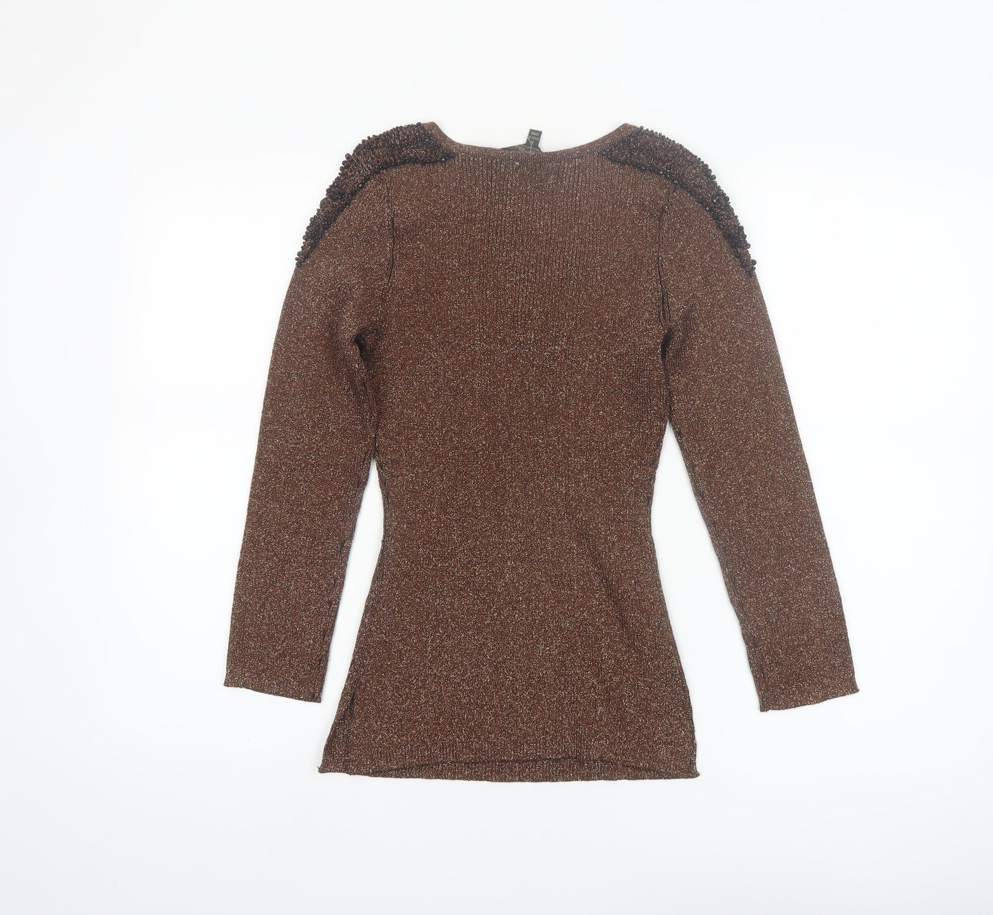 Christine Phillipe Women Brown Beaded V-Neck Long Sleeve Jumper S