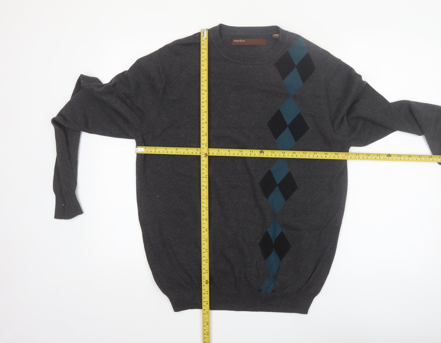 Perry Ellis Men's Grey Argyle Diamond Cotton Pullover Jumper M