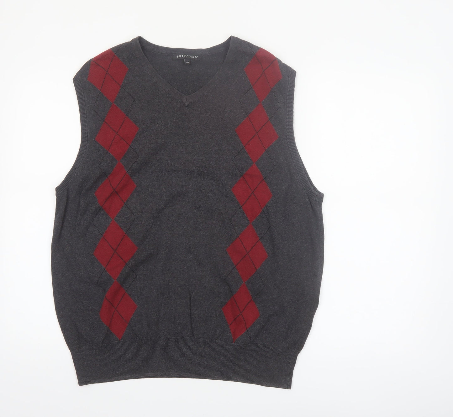 Britches Men's Grey Argyle V-Neck Cotton Jumper Vest L