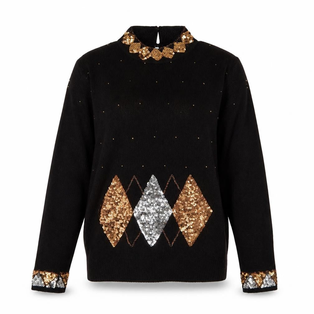 Marnie West Womens Black Sequin Argyle Vintage Silk Blend Jumper L