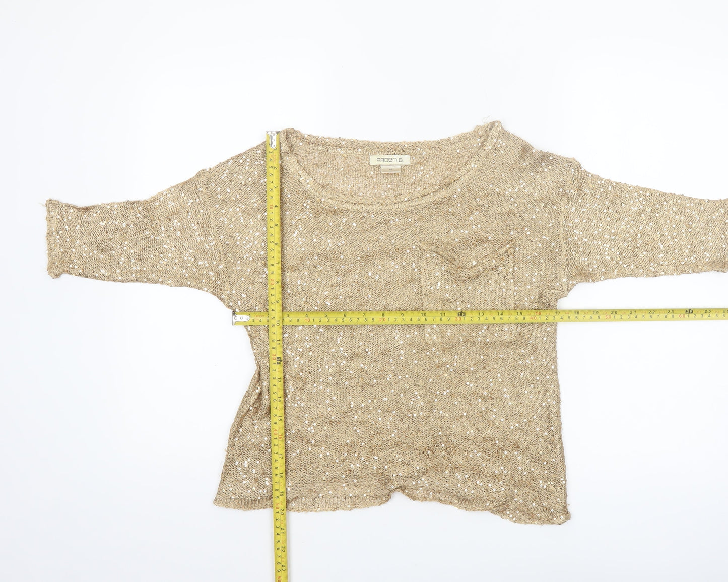 Arden B Women’s Gold Sequin Knit Cropped Top XS 3/4 Sleeve Party