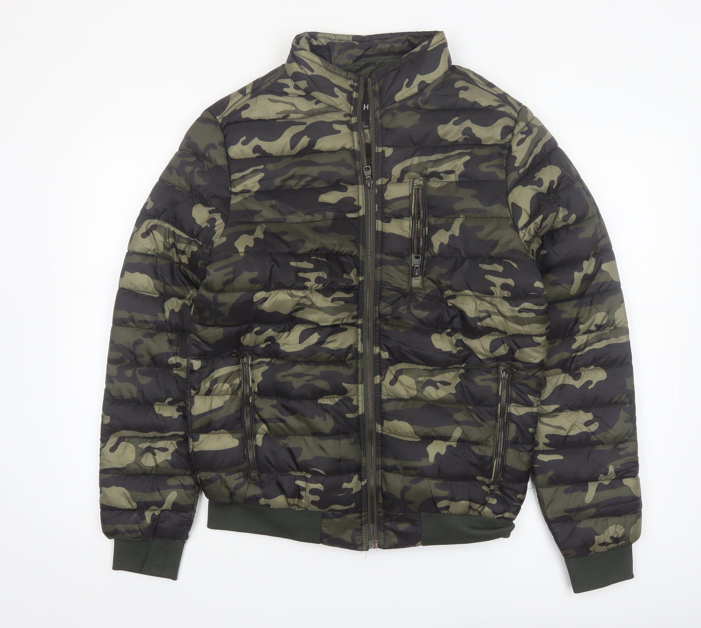 Hölstark Mens Green Camouflage Puffer Jacket Size M Lined Zip Winter