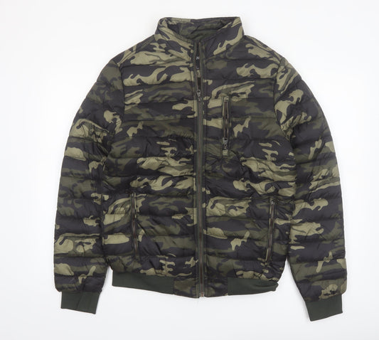 Hölstark Mens Green Camouflage Puffer Jacket Size M Lined Zip Winter