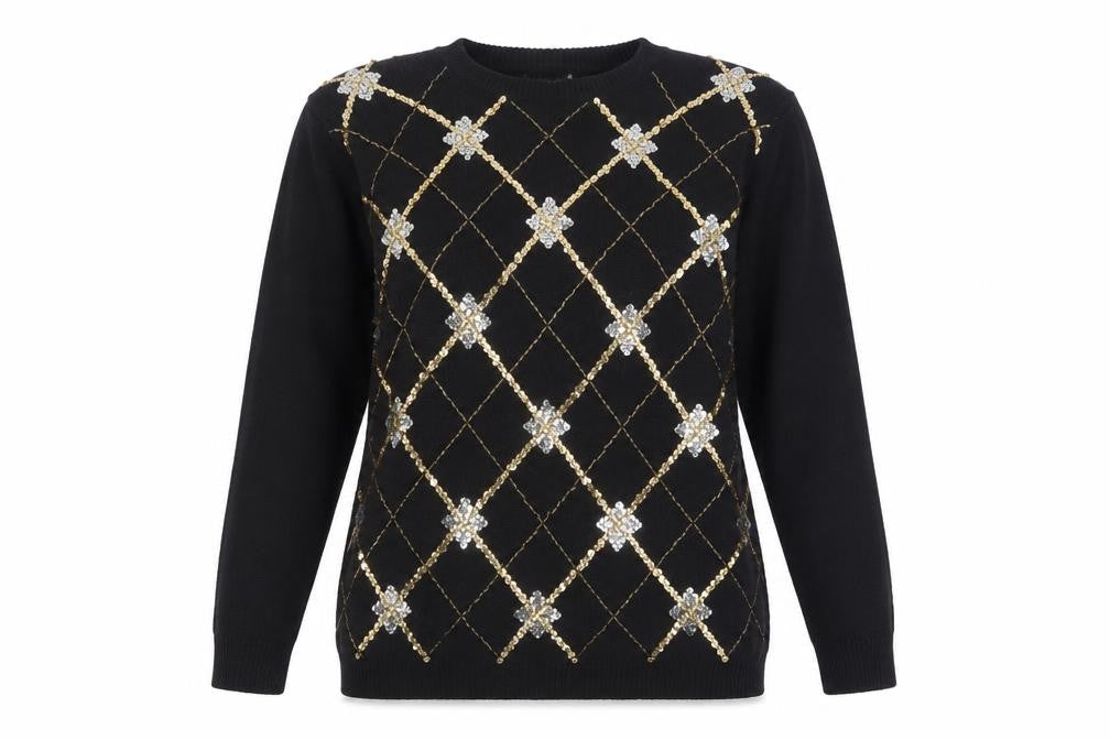 Alfred Dunner Womens Black Sequin Argyle Knit Jumper Size L