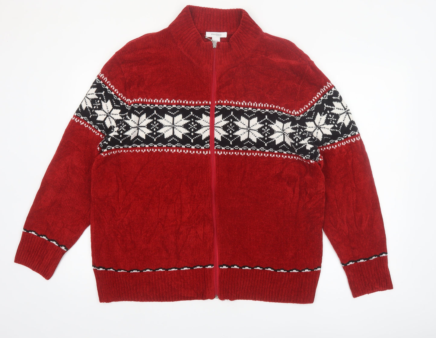 Dressbarn Women Red Fair Isle Full Zip Acrylic Knit Jumper Size 18