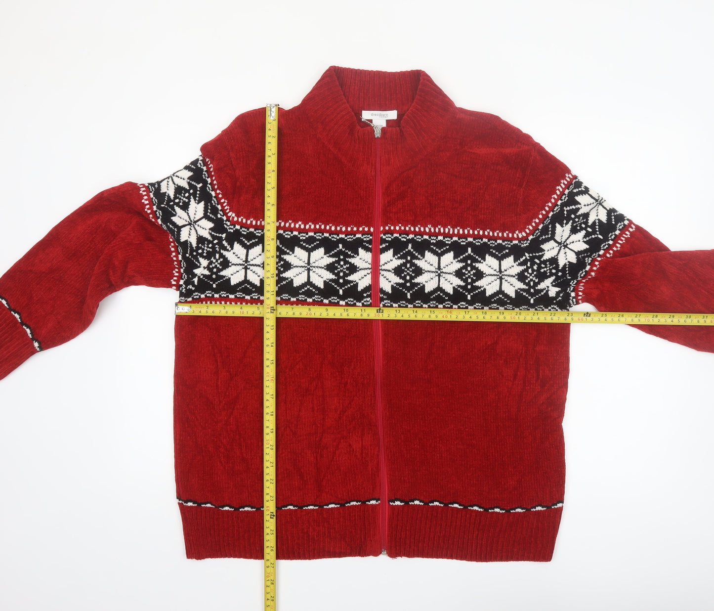 Dressbarn Women Red Fair Isle Full Zip Acrylic Knit Jumper Size 18
