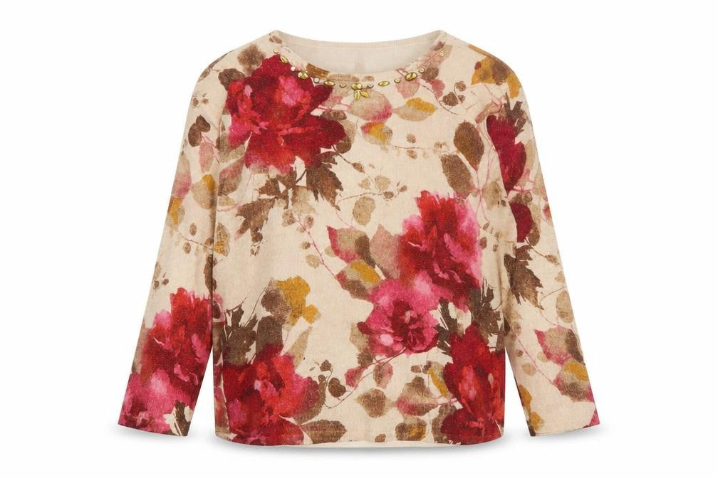 Alfred Dunner Womens Beige Floral Beaded Petite M Pullover Jumper