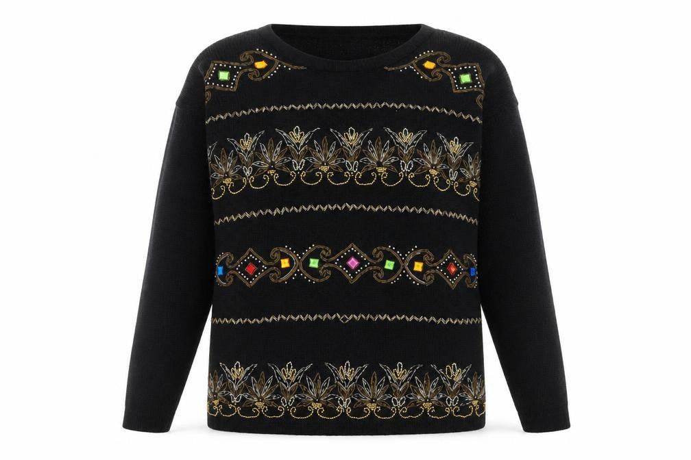 Victoria Harbour Womens Black L Beaded Knit Jumper Vintage Pullover